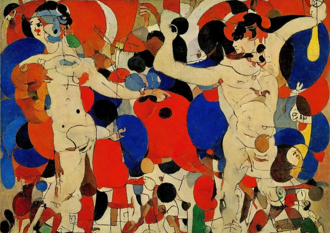 Image similar to a multiracial greek god dancing through the streets of a city, saturated color scheme, sparse detail, by george luks, joan miro and moebius