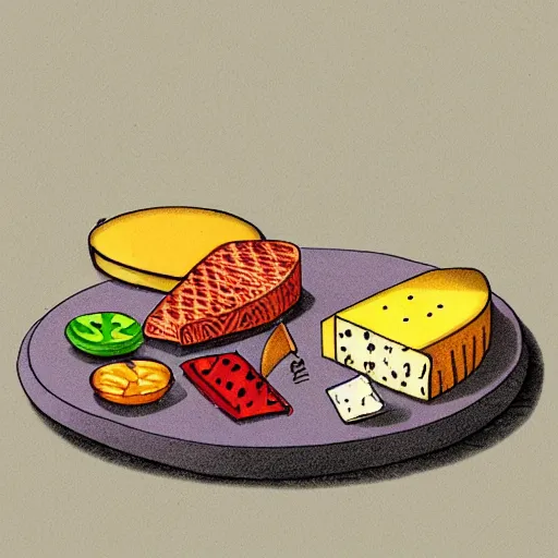 Prompt: cheese, food illustration by kamisketsa and lerin