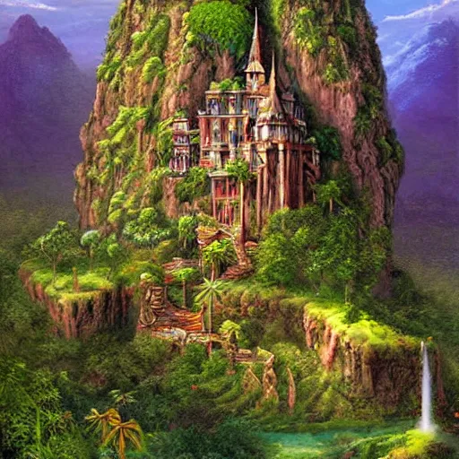 Image similar to rainforest castle on the mountain of magic, artstation, digital art, Darrell K Sweet