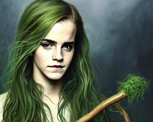 Prompt: mindblowing portrait of emma watson as a swamp witch, green colored skin, green hair, holding a caduceus staff, messy hair, deep focus, d & d, fantasy, intricate, elegant, highly detailed, digital painting, artstation, concept art, matte, sharp, illustration, hearthstone, art by artgerm and greg rutkowski and alphonse mucha