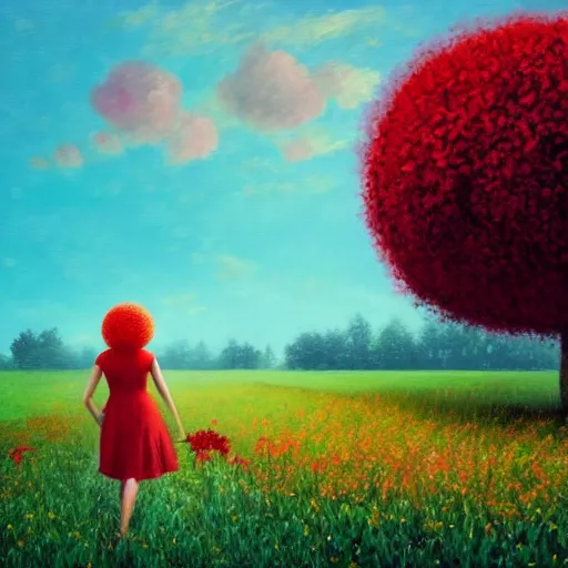 Image similar to giant red flower afro, full body, girl walking in the middle of a field with flowers, surreal photography, hills, sunrise dramatic light, impressionist painting, colorful clouds, digital painting, pointillism, artstation, simon stalenhag