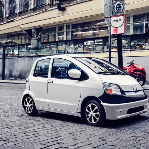 Image similar to compact honda car parked in a european city in manga style