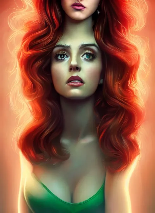 Image similar to full body portrait of teenage cheryl blossom, bangs, green eyes, mischievous expression, red hair, sultry smirk, bangs and wavy hair, 1 9 8 0 s, intricate, elegant, glowing lights, highly detailed, digital painting, artstation, concept art, smooth, sharp focus, illustration, art by wlop, mars ravelo and greg rutkowski