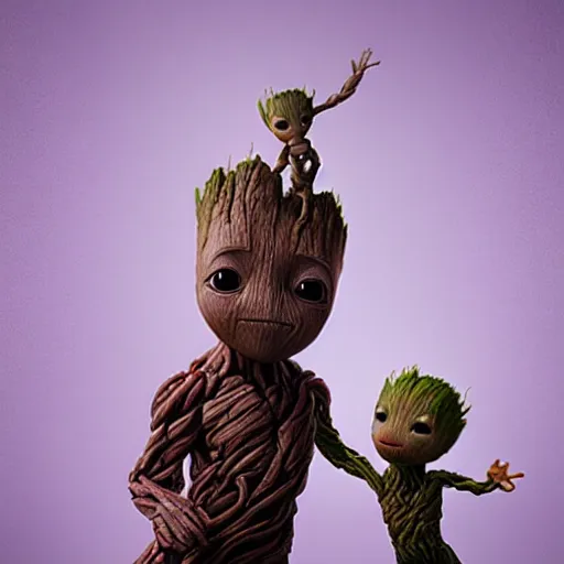 Image similar to photo realistic image of a baby groot giving baby yoga a piggyback ride, stunning 3 d render inspired art by istvan sandorfi and greg rutkowski, perfect facial symmetry, realistic, highly detailed attributes and atmosphere, dim volumetric cinematic lighting,