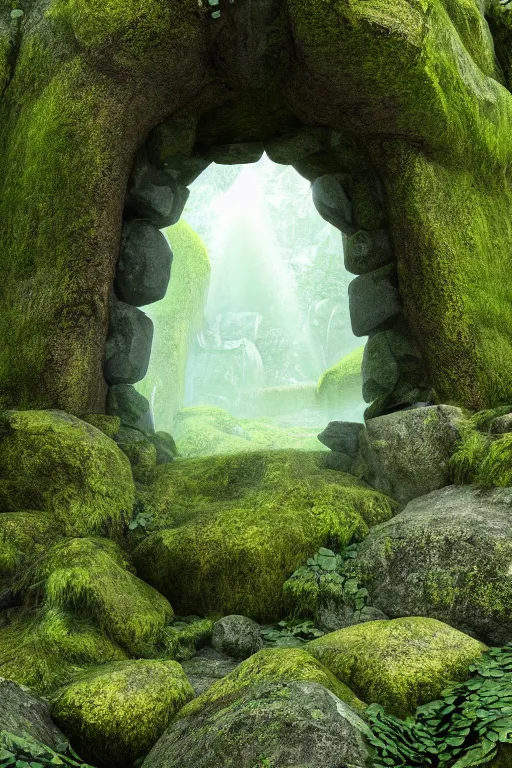 Image similar to the entrance of valhalla, large ornated stone portal, beautiful composition, nature, mossy stone, low angle, rays of light, light dust, octane render, unreal engine, photography, 8 k