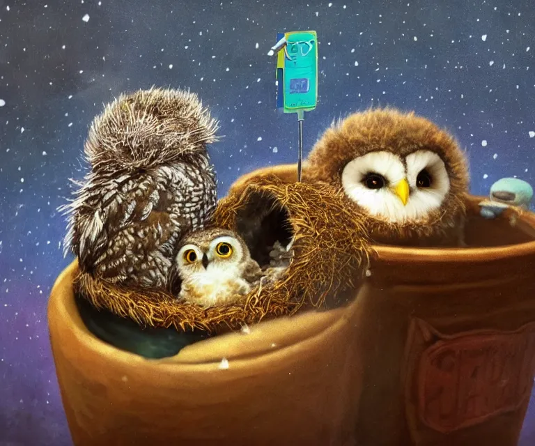 Image similar to a qr code pointing to the youtube website! dream long shot of a very cute owl chick nesting in a very cozy cup on the window of a smiling toddler, esao andrews, humorous illustration, hyperrealistic, big depth of field, warm colors, night scenery, low light, 3 d octane render, 4 k, conceptart, hyperdetailed, hyperrealistic, trending on artstation