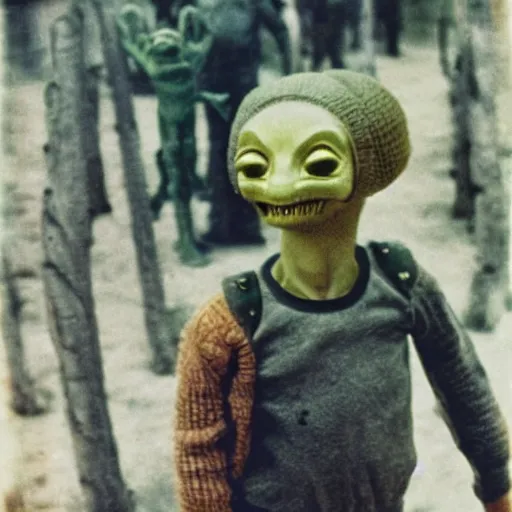 Prompt: alien in soviet children's camp, top secret style, realistic photo, 1 9 7 0 s, color