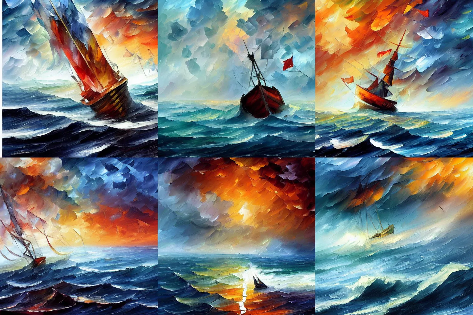 Prompt: a boat lost in storm on the sea, by leonid afremov and tony sandoval.