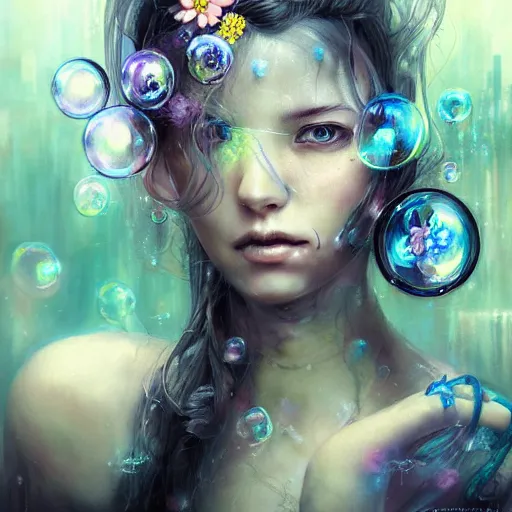 Image similar to a painting of a woman with bubbles in her hair, cyberpunk art by yoshitaka amano, cgsociety, fantasy art, detailed painting, made of flowers, fantasy