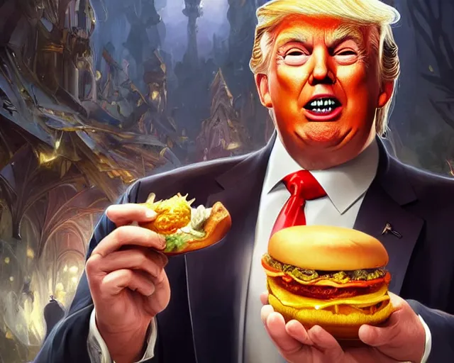 Image similar to donald trump licking a cheeseburger, deep focus, fantasy, intricate, highly detailed, digital painting, artstation, concept art, matte, sharp focus, illustration, hearthstone, art by artgerm and greg rutkowski and alphonse mucha