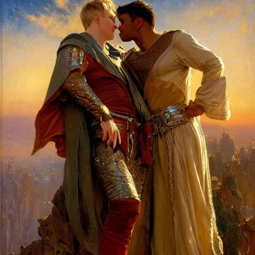 Image similar to stunning arthur pendragon in love with stunning male merlin the mage. they are close to each other. highly detailed painting by gaston bussiere, craig mullins, j. c. leyendecker