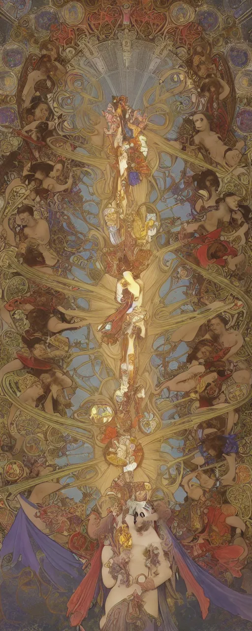 Image similar to 3 d rendered scene of the battle of angels and demons at the entrance to the fractal palace of cosmos painting of alphonse maria mucha made in unreal engine hyper realistic