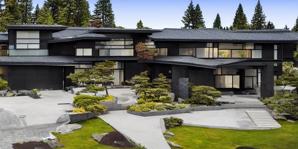 Prompt: large modern residence, pacific northwest japanese style, flared japanese black tile roof, many windows, elegant