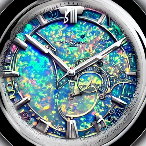 Image similar to detailed illustration of celestial watch from the far future with infinite dials, mother of pearl opal, year 2 5 0 0, style of norman rockwell