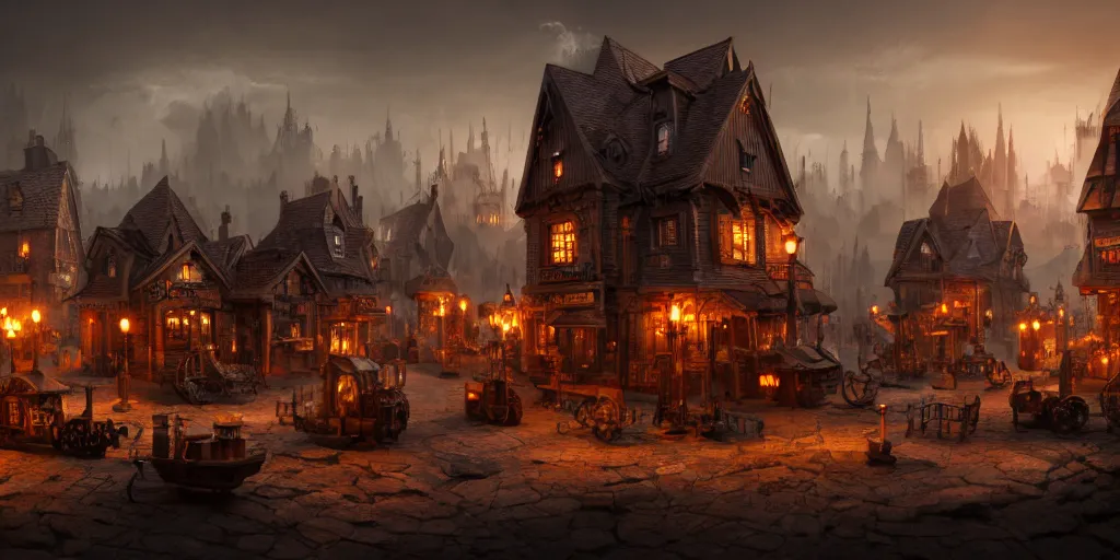 Image similar to a small steampunk wooden village, rich, cyborgs, dark aesthetic, soft colours, natural, steam, big clocks, concept art, octane render, unreal engine, in the style of luca guadagnino, highly detailed, high quality, artstation, digital art, 8 k hdr, cinematic, dramatic lighting, scenic, rich colour scheme