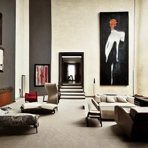 Image similar to giant Italian modern castle living room, clean minimalist design, that is 1300 feet tall, with very tall giant walls filled with modern art paintings, doors that are cosmic portals, photo by Annie Leibovitz, with modern sculpture by Ken Kelleher