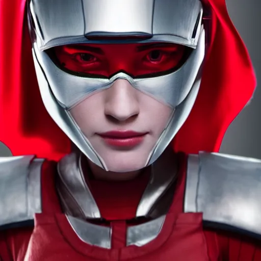 Image similar to headshot of an beautiful female soldier in glossy sleek white armor with tiny red details and a long red cape, downward angle, determined expression, on the surface of mars, night time, dramatic lighting, cinematic, sci-fi, hyperrealistic