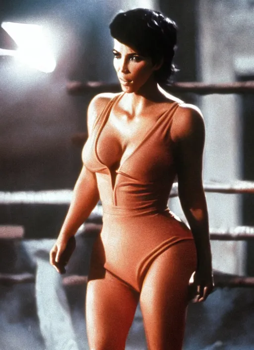 Image similar to film still of kim kardashian as rocky balboa in rocky,