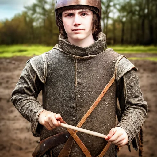 Prompt: Young medieval squire with medieval clothes. Standing in the mud. Face closeup. Hyper realistic photo.