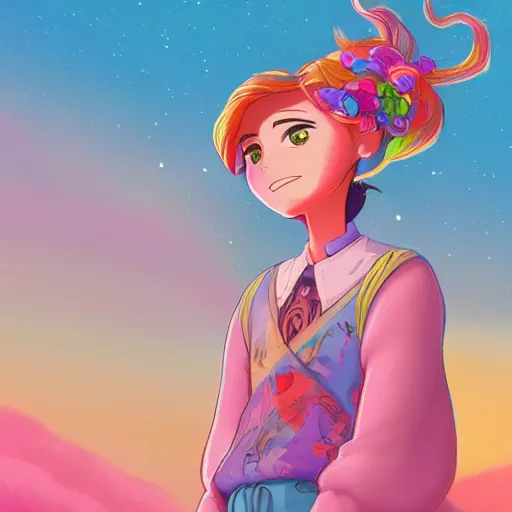 Prompt: a beautiful disney styled character, ultra detailed, sunrise, portrait, hyper colorful, trending on artstation, by studio ghibli