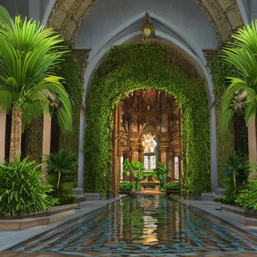 Image similar to cathedral interior with koi pond in the middle surrounded by palm trees, ivy, flowers, tropical plants, roses, and with archways. rendered in octane render with photorealistic lighting