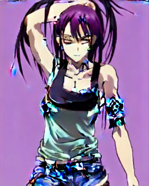 Image similar to style of madhouse studio anime, black lagoon manga, loish, artgerm, comic art, portrait of revy from black lagoon, symmetrical eyes and symmetrical face, jean shorts, white tank top, purple hair, sarcastic evil smirk on face, sky and ocean background