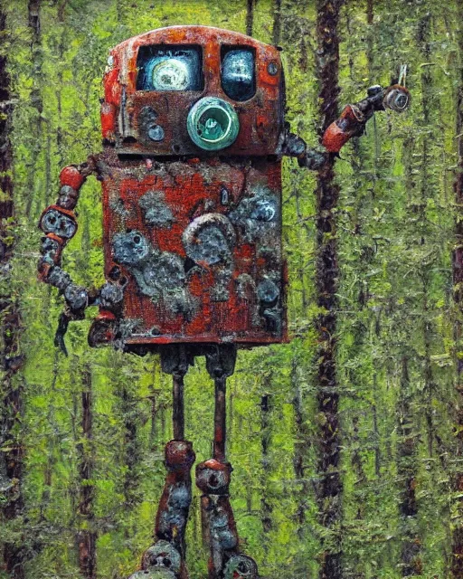 Image similar to detailed oil painting of a decayed, rusty, robot, covered in moss, in a forest, painted by Greg Rukowtski, sunlight