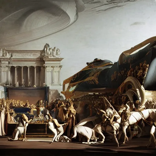 Image similar to full lenght sci-fi truck in the coronation of napoleon painting by Jacques-Louis David and point cloud in the middle and everything in form of zaha hadid architects artwork by caravaggio unreal engine 5 keyshot octane lighting ultra high detail ultra hyper realism 8k 16k in plastic dark tilt shift full-length view