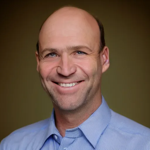 Image similar to color photograph of a balding, middle aged, brown haired, hairy, blue eyed, round faced, short white man dressed in a white shirt, smiling at the camera with perfect, straight white teeth