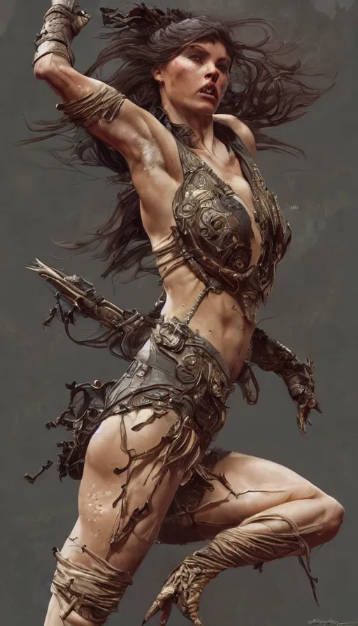 Image similar to savage beauty, sweaty, dynamic action pose, insane, intricate, highly detailed, digital painting, artstation, concept art, smooth, sharp focus, illustration, Unreal Engine 5, 8K, art by artgerm and greg rutkowski and alphonse mucha