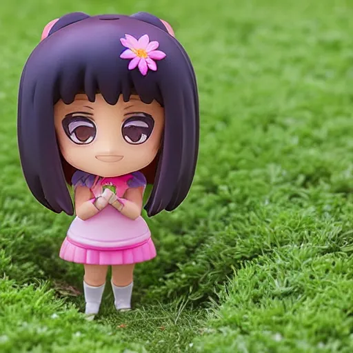 Prompt: scene of ariana grande as nendoroid with flowers as nendoroid on a meadow, kodak film