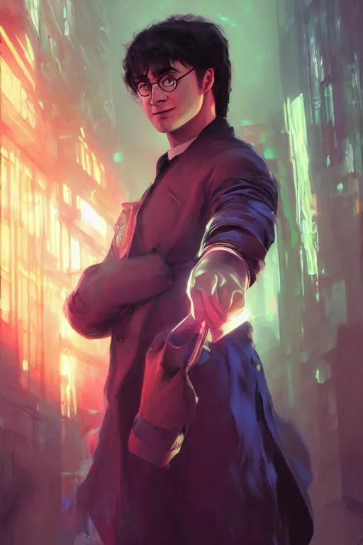 Image similar to Portrait of Harry Potter in cyberpunk, implants, neon cinematic lighting, digital art from artstation by Ruan Jia and Mandy Jurgens and Artgerm and william-adolphe bouguereau and Greg Rutkowski and Wayne Barlowe