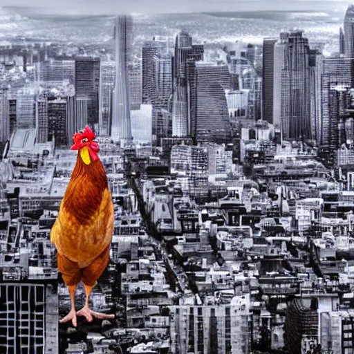 Prompt: colossal chicken towering over city scape, HD extremely realistic