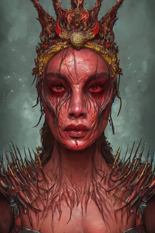 Prompt: Fantasy character portrait of distorted detailed painting of a queen woman made of swamp mud, hyper detailed, red flames, trending on Artstation, 8k resolution, full HD, cinematic lighting, award winning, anatomically correct