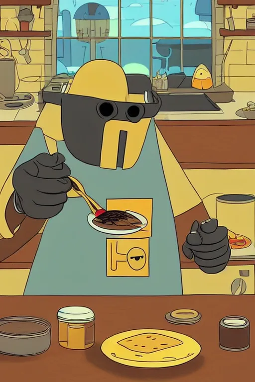 Image similar to mf doom making pancakes in style of adventure time, animation pixar style, by pendleton ward, magali villeneuve, artgerm, rob rey and kentaro miura style, golden ratio, trending on art station