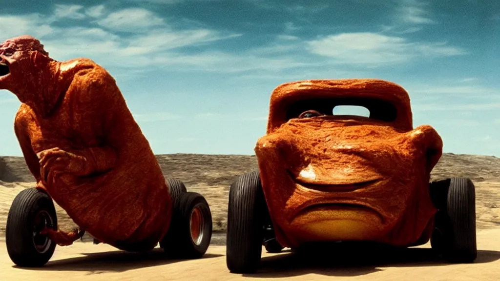 Image similar to the creature drives a hot rod, made of wax and water, film still from the movie directed by Denis Villeneuve with art direction by Salvador Dalí, wide lens