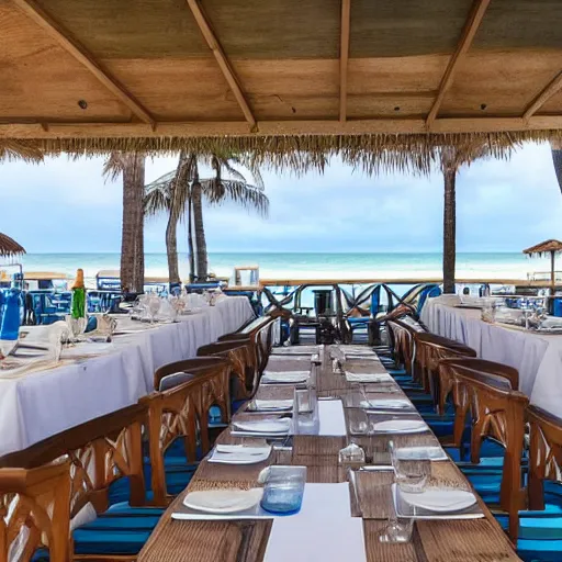 Prompt: an interior view of a complex outdoor restaurant leading to a view of the beach