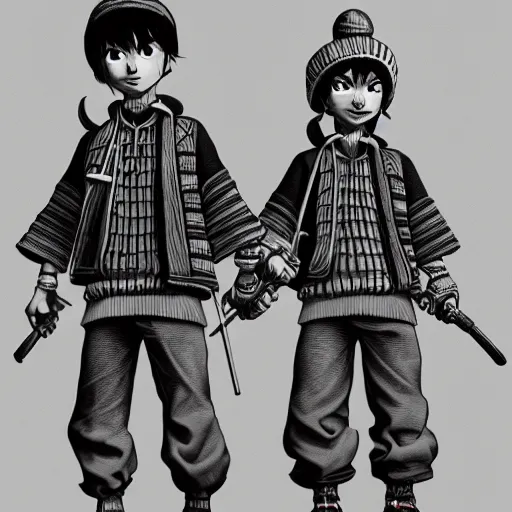 Image similar to rpg character concept art, twin brothers being cute and gangsta, intricate detail, in the style of jamie hewlett kawase hasui riyoko ikeda, 3 d render, artstation trending, 8 k, octane render, photorealistic, sharp detail, manga, black and white