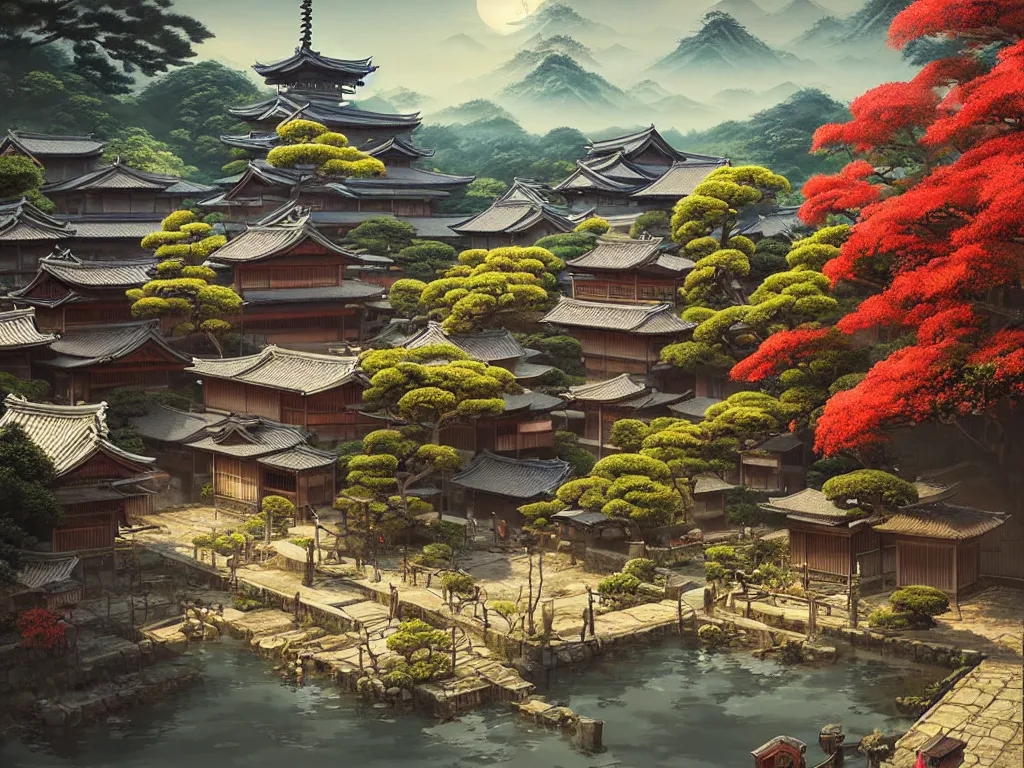 Image similar to old japanese town with garden viewed from harbor, d & d digital painting, ultra realistic, beautiful, volumetric lighting, warm colors advance, cell shading, by james jean, greg rutkowski,