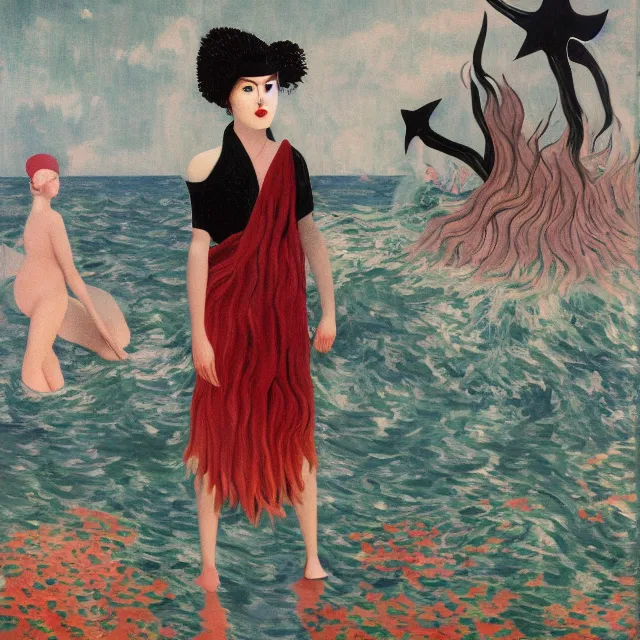 Prompt: tall emo female artist holding a starfish in her flooded kitchen, pomegranates, octopus, water gushing from ceiling, painting of flood waters inside an artist's apartment, a river flooding indoors, ikebana, zen, rapids, waterfall, black swans, canoe, berries, acrylic on canvas, surrealist, by magritte and monet