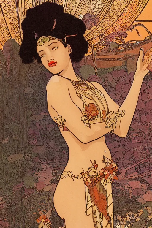 Prompt: a beautiful illustration of an african godess model girl with short hair, bikini, she's sad by mucha and moebius and geof darrow, sunset, street of hong kong, cinematic light, very detailed, depressing atmosphere, cover magazine