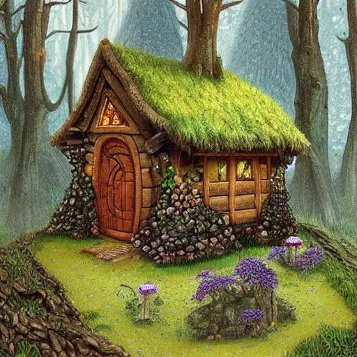 Prompt: Forest hut in the style of James Christensen