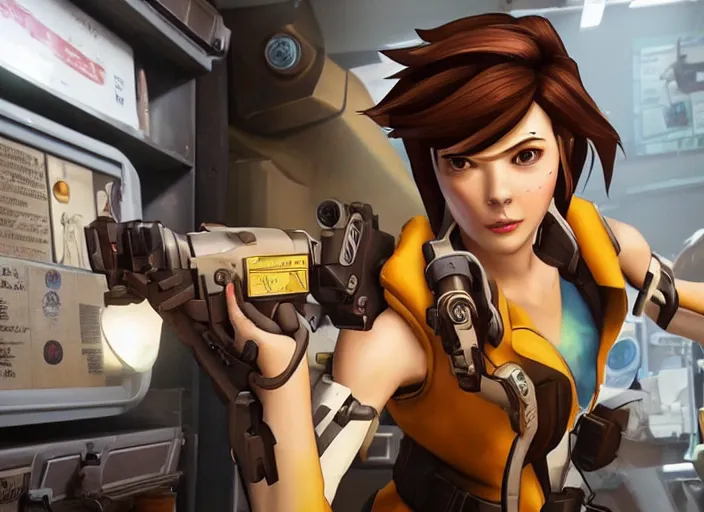 Image similar to a film still of a a woman called tracer from overwatch in doctor who