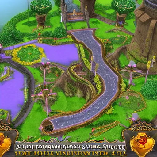 Prompt: road leading to Stormwind city, large fantasy castle with flower gardens, screenshot from violet evergarden