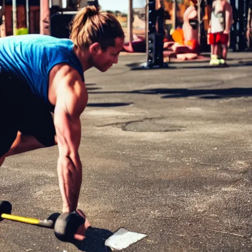 Image similar to a person doing CrossFit while eating an apple