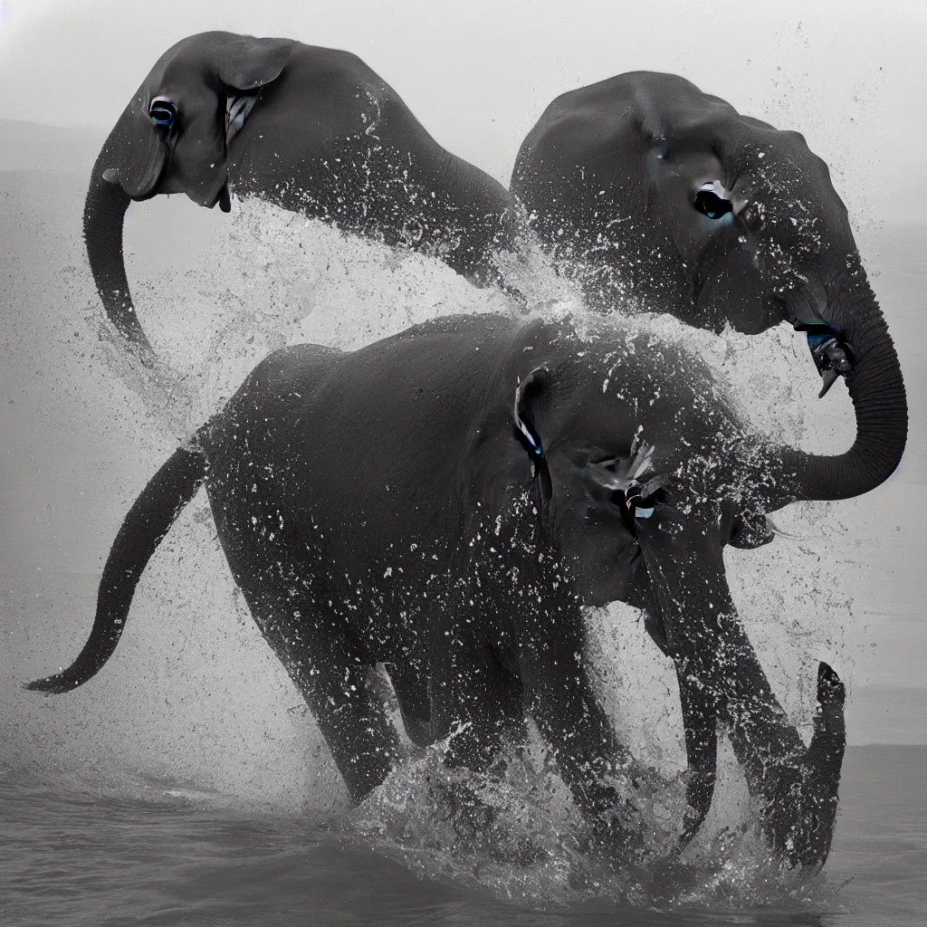 Image similar to “a black and white photo of an elephant splashing water by Maties Palau Ferré, featured on flickr, arabesque, national geographic photo, ilford hp5, majestic”