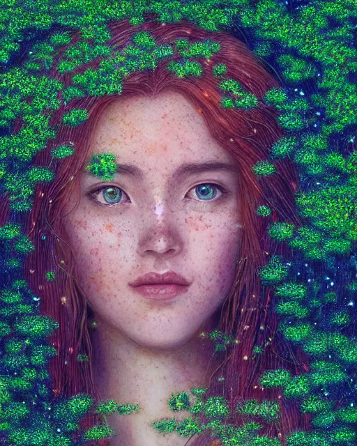 Image similar to a young woman, amazed by the lights of golden fireflies, sitting in the midst of nature fully covered, long loose red hair, intricate linework, dreamy green eyes, small nose with freckles, oval shape face, soft happy smile, realistic, expressive emotions, dramatic lights scene, hyper realistic ultrafine digital art by james jean and albert bierstadt and artgerm