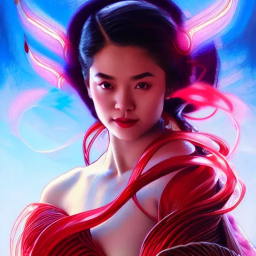 Image similar to kathlyn bernardo as darna, volumetric lights, red and cyan theme, art nouveau botanicals, intricate, highly detailed, digital painting, artstation, concept art, smooth, sharp focus, cinematic, illustration, beautiful face, art by artgerm and greg rutkowski and alphonse mucha