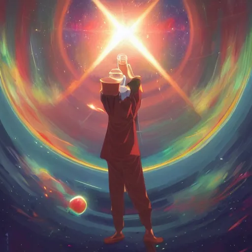 Image similar to A man drinking a cup of cosmic energy bright light, illustration, anime style, Artgerm, 4k, digital art, surreal, anime style, space dandy style, highly detailed, godsend, artstation, digital painting, concept art, smooth, sharp focus, illustration by Ruan Jia and Mandy Jurgens and William-Adolphe Bouguereau, Artgerm