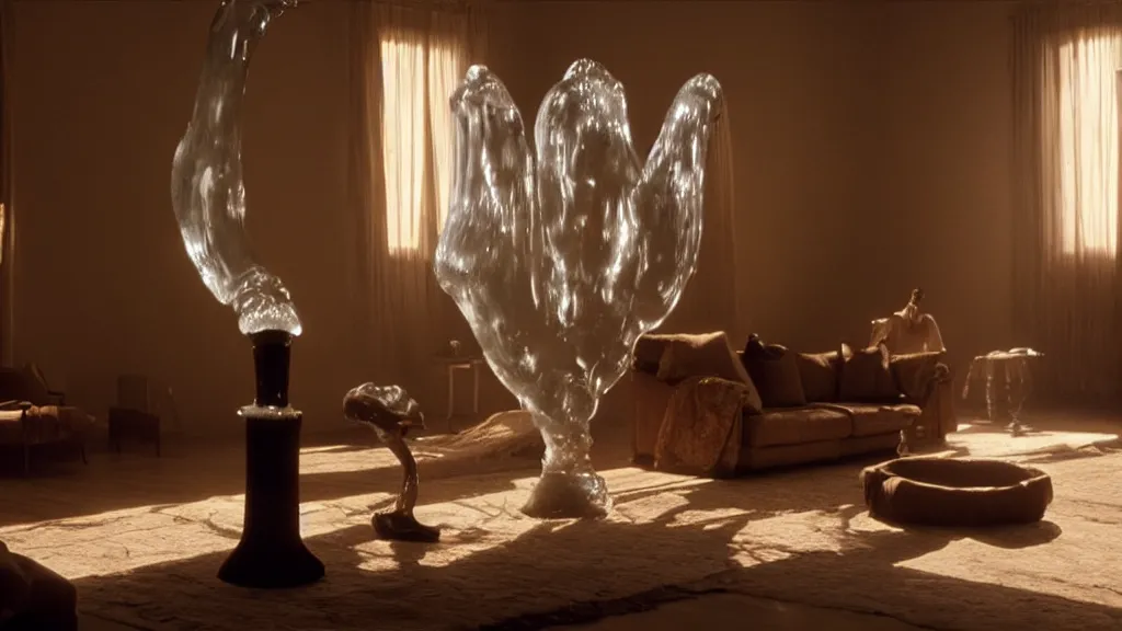 Image similar to a giant hand made of wax and water floats through the living room, film still from the movie directed by Denis Villeneuve with art direction by Salvador Dalí, wide lens